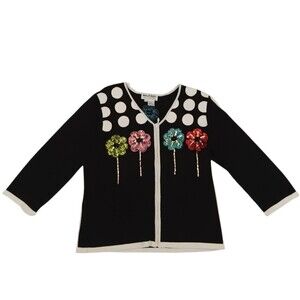 Vintage Cardigan Black W/ Sequin Flowers Pink Red Blue Green Jack B Quick Large